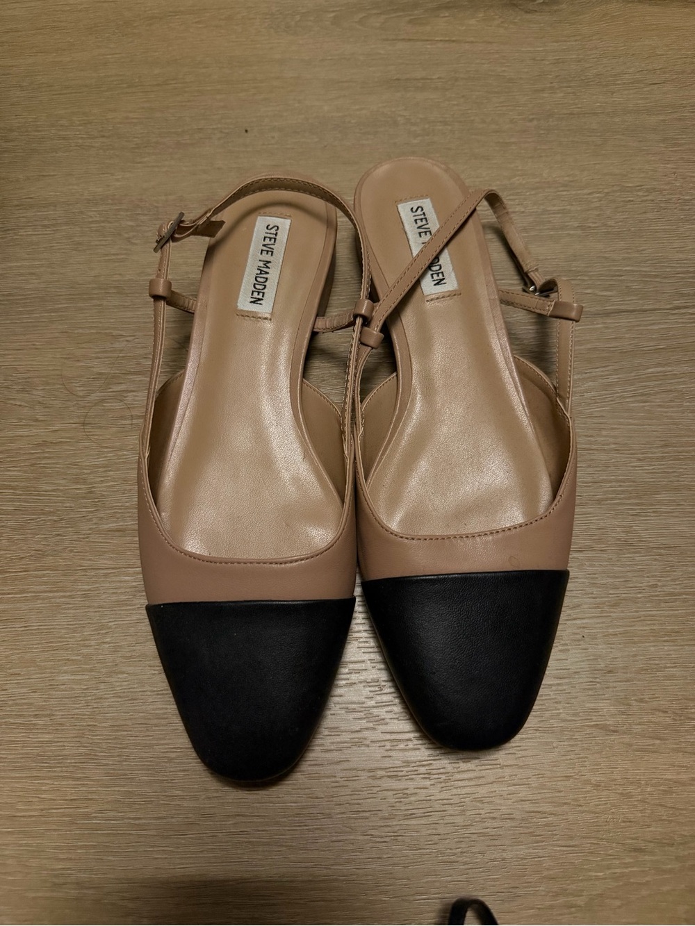 Steve Madden Nude and Black Cap-Toe Slingback Flats